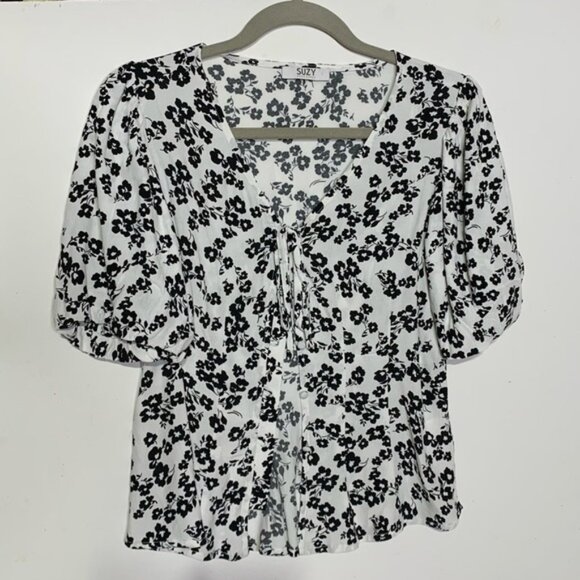 Suzy Shier XS Viscose Microfloral Bubble Sleeve Blouse - Picture 2 of 7